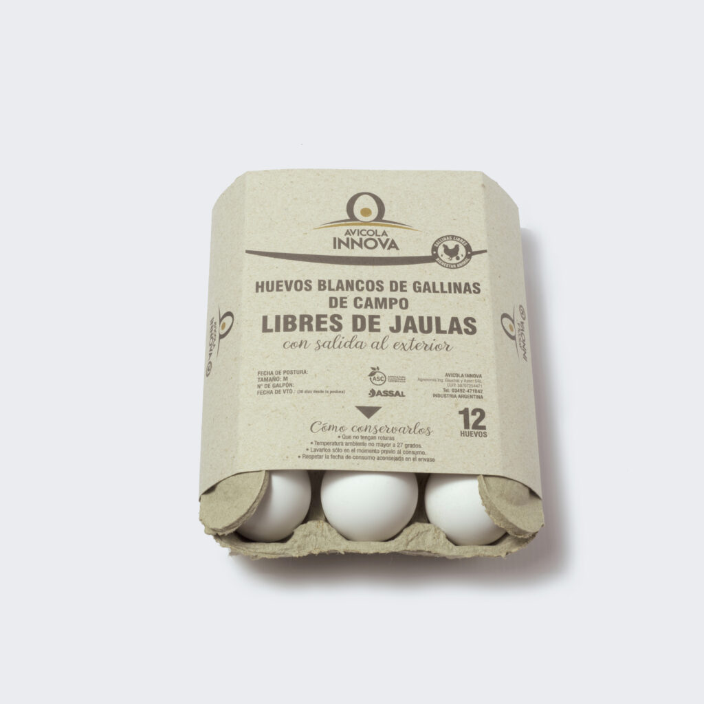 Envase de 12 huevos de gallinas blancas libres de jaulas.