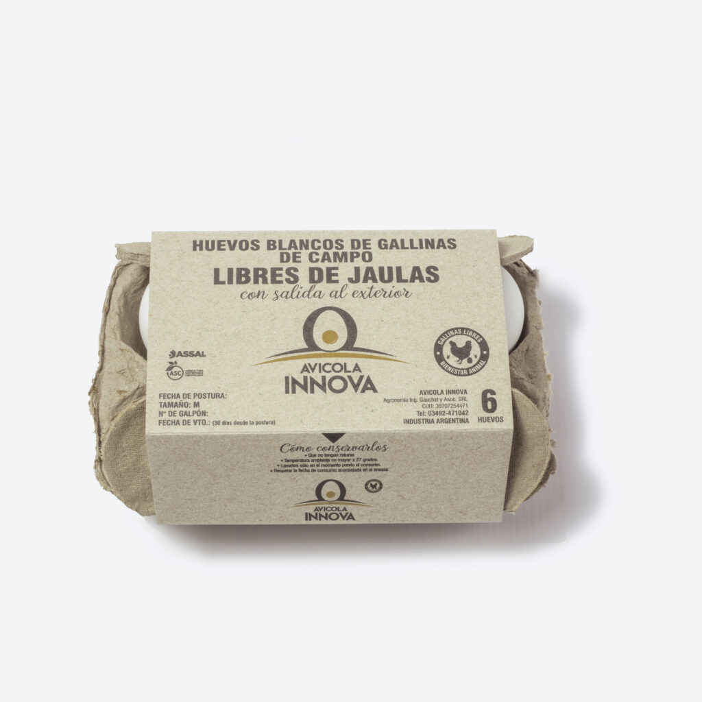 Envase de 6 huevos de gallinas blancas libres de jaulas.